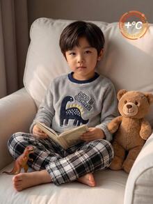 男童灰色毛絨格紋長袖褲子休閒舒適2件式居家服套裝冬季 - 淺灰色 - 查看 9