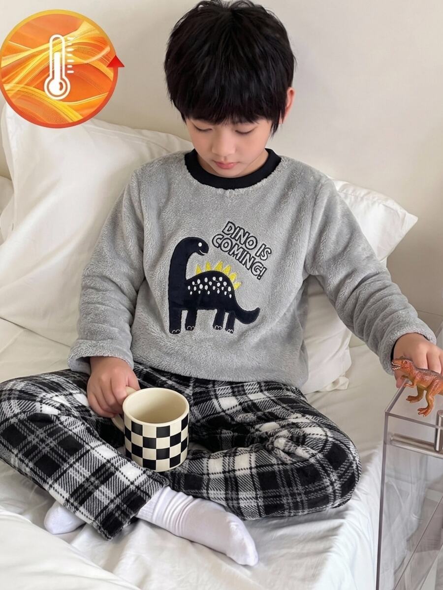 男童灰色毛絨格紋長袖褲子休閒舒適2件式居家服套裝冬季 - 淺灰色 - 查看 1