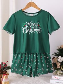 SHEIN 2pcs Girls Cute Cartoon Printed Pajama Set,Includes Tops And Bottoms,Pink And White Summer Cute Home Wear Sleep,Heart Bow Eyelash For Tween Girls - Multicolor - View 4