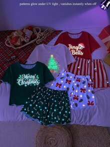 SHEIN 2pcs Girls Cute Cartoon Printed Pajama Set,Includes Tops And Bottoms,Pink And White Summer Cute Home Wear Sleep,Heart Bow Eyelash For Tween Girls - Multicolor - View 9