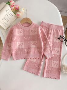 Girls' Sweet Knitted Set, Pink Plaid Bow Jacquard Pattern, Wavy Hem And Cuff Trim. Soft Knitted Fabric, Loose Wide-Leg Pants, Comfortable And Non-Restrictive, Gentle Girly Style, Perfect For Autumn/Winter Daily Wear, Stylish And Easy To Match. - Pink - View 5