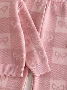 Girls' Sweet Knitted Set, Pink Plaid Bow Jacquard Pattern, Wavy Hem And Cuff Trim. Soft Knitted Fabric, Loose Wide-Leg Pants, Comfortable And Non-Restrictive, Gentle Girly Style, Perfect For Autumn/Winter Daily Wear, Stylish And Easy To Match. - Pink - View 6