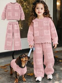 Girls' Sweet Knitted Set, Pink Plaid Bow Jacquard Pattern, Wavy Hem And Cuff Trim. Soft Knitted Fabric, Loose Wide-Leg Pants, Comfortable And Non-Restrictive, Gentle Girly Style, Perfect For Autumn/Winter Daily Wear, Stylish And Easy To Match. - Pink - View 1