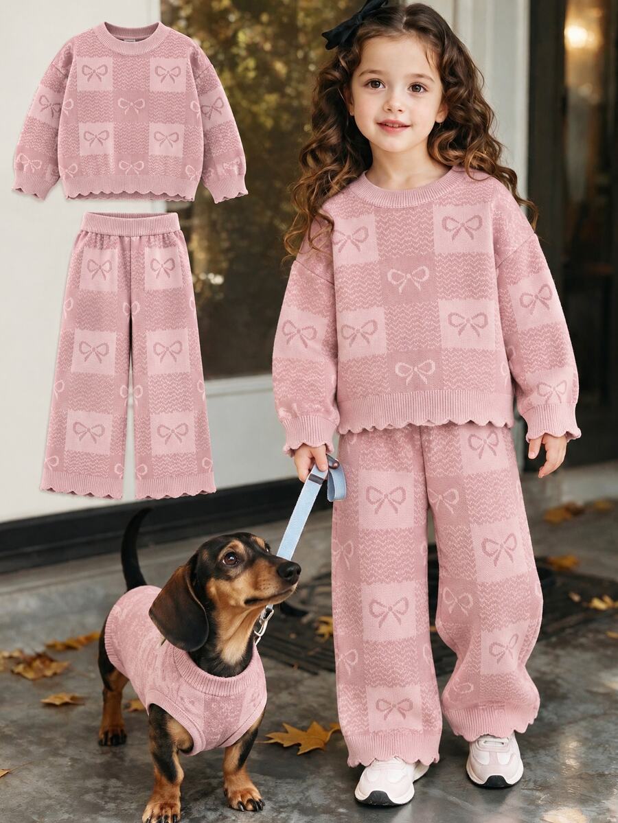 Girls' Sweet Knitted Set, Pink Plaid Bow Jacquard Pattern, Wavy Hem And Cuff Trim. Soft Knitted Fabric, Loose Wide-Leg Pants, Comfortable And Non-Restrictive, Gentle Girly Style, Perfect For Autumn/Winter Daily Wear, Stylish And Easy To Match. - Pink - View 1