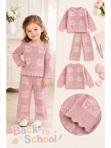 Girls' Sweet Knitted Set, Pink Plaid Bow Jacquard Pattern, Wavy Hem And Cuff Trim. Soft Knitted Fabric, Loose Wide-Leg Pants, Comfortable And Non-Restrictive, Gentle Girly Style, Perfect For Autumn/Winter Daily Wear, Stylish And Easy To Match. - Pink - View 3