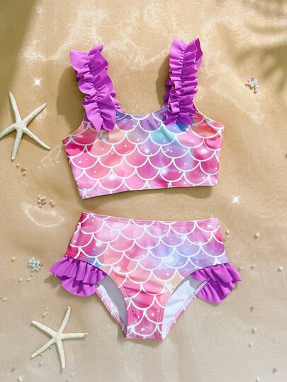 SHEIN Young Girl' Ombre Mermaid Scale Print Tankini Swimwear Set With Purple Ruffled Straps And Hem, Cute & Fresh Beach Vacation, Swimming Pool Party