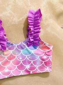 SHEIN Young Girl' Ombre Mermaid Scale Print Tankini Swimwear Set With Purple Ruffled Straps And Hem, Cute & Fresh Beach Vacation, Swimming Pool Party - Multicolor - View 5