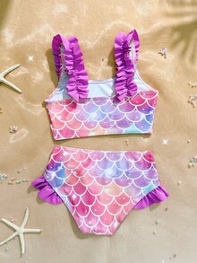 SHEIN Young Girl' Ombre Mermaid Scale Print Tankini Swimwear Set With Purple Ruffled Straps And Hem, Cute & Fresh Beach Vacation, Swimming Pool Party - Multicolor - View 3