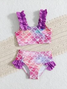 SHEIN Young Girl' Ombre Mermaid Scale Print Tankini Swimwear Set With Purple Ruffled Straps And Hem, Cute & Fresh Beach Vacation, Swimming Pool Party - Multicolor - View 4