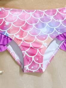 SHEIN Young Girl' Ombre Mermaid Scale Print Tankini Swimwear Set With Purple Ruffled Straps And Hem, Cute & Fresh Beach Vacation, Swimming Pool Party - Multicolor - View 7