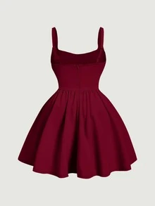 SHEIN MOD 加上勃艮第纯色紧身胸衣结构吊带连衣裙 - 酒紅色 - 查看 3