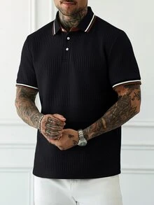 HUEFORM Men's Striped Short Sleeve Casual Commute Polo Shirt - Black - View 6