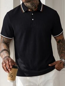 HUEFORM Men's Striped Short Sleeve Casual Commute Polo Shirt - Black - View 1