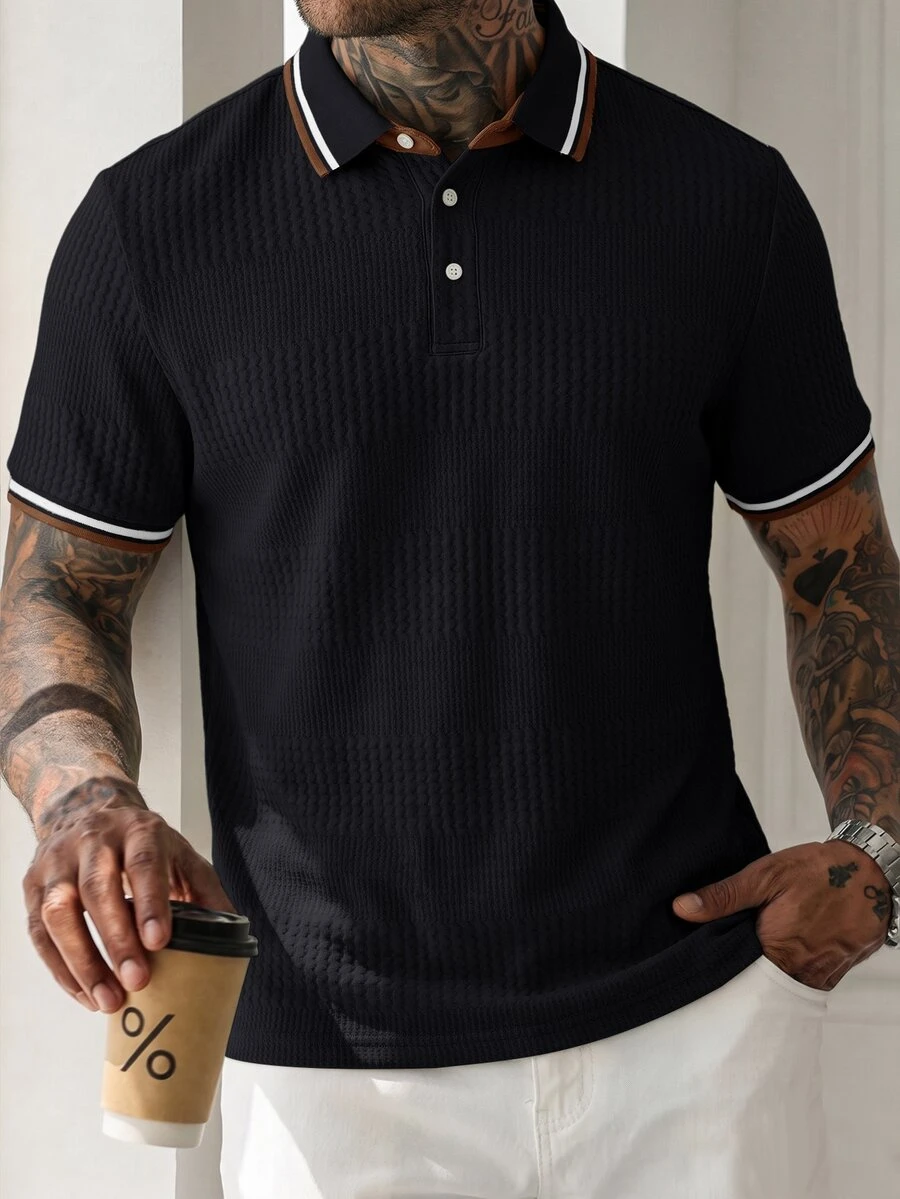 HUEFORM Men's Striped Short Sleeve Casual Commute Polo Shirt - Black - View 1