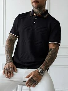 HUEFORM Men's Striped Short Sleeve Casual Commute Polo Shirt - Black - View 3