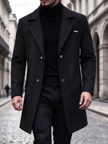 Manfinity Homme 男士黑色英倫風缺口領修身單排扣通勤休閒大衣 - 黑色 - 查看 6