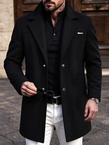 Manfinity Homme 男士黑色英倫風缺口領修身單排扣通勤休閒大衣 - 黑色 - 查看 5