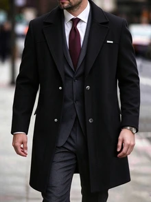 Manfinity Homme 男士黑色英倫風缺口領修身單排扣通勤休閒大衣 - 黑色 - 查看 3