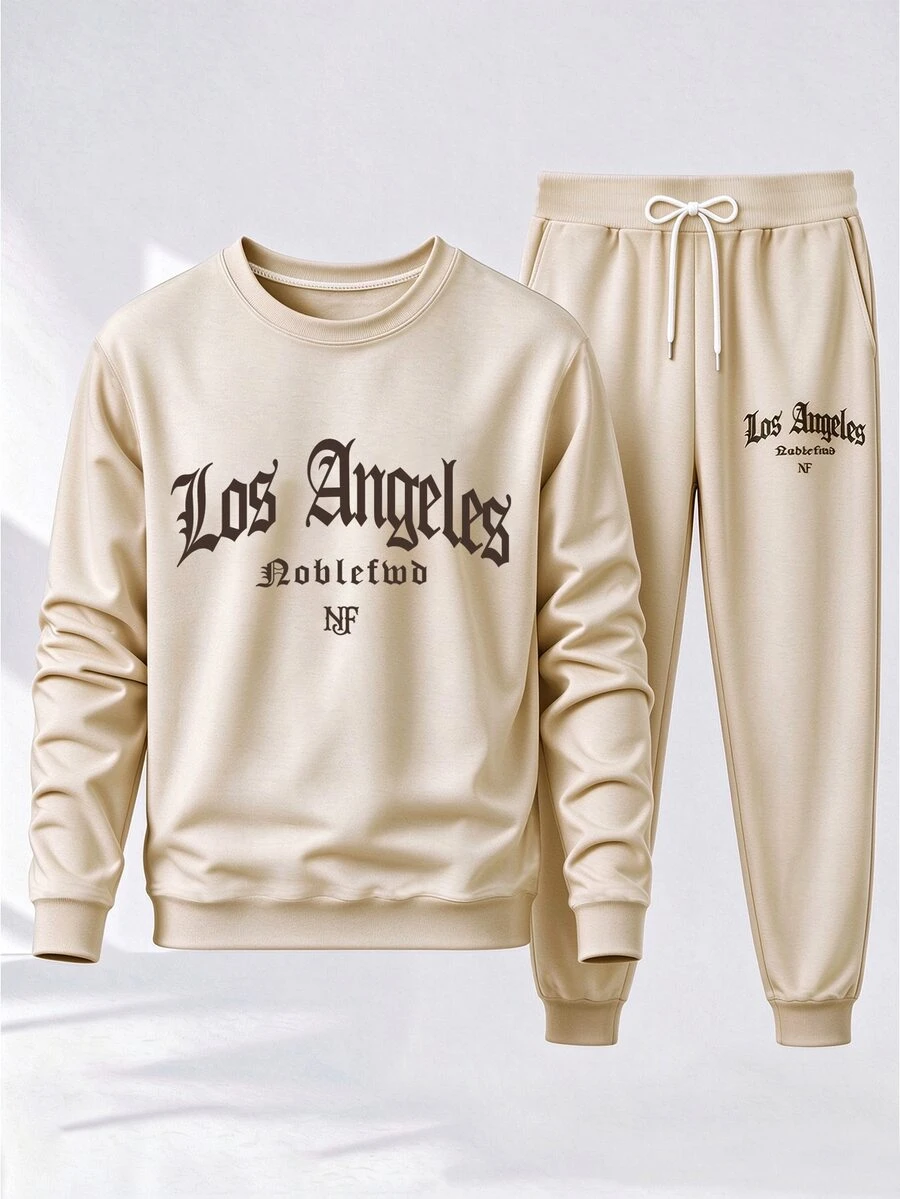 NobleFwd Men's Crew Neck Pullover Long Sleeve Sweatshirt And Drawstring Elastic Cuff Sweatpants Set - Khaki - View 1