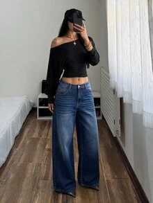 Jeanoix Y2K Plus Size Women Street Fashion Embroidered Curved Leg Denim Jeans - Dark Wash - View 2