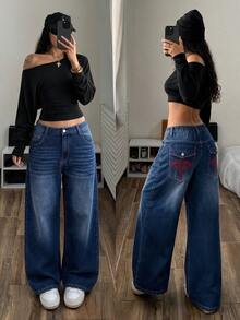 Jeanoix Y2K Plus Size Women Street Fashion Embroidered Curved Leg Denim Jeans - Dark Wash - View 8