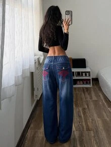 Jeanoix Y2K Plus Size Women Street Fashion Embroidered Curved Leg Denim Jeans - Dark Wash - View 4