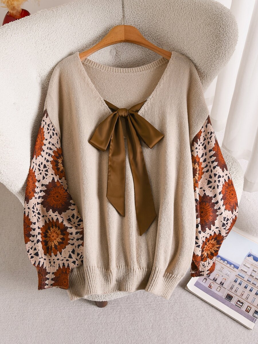 CosyJoli Plus Size Women Tie Neck Casual Daily Long Sleeve Sweater Winter, Fall/Winter, Thanksgiving, New Year