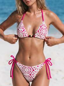 SHEIN Swim Swim Vcay 新款奢华优雅两件套白色钩编蕾丝和焦糖/棕色三角比基尼，女士款，挂脖式泳衣上装饰有木珠，性感高衩丁字裤泳装，适合夏季海滩泳池度假，复古Y2K辣妹风泳装，音乐节、热带海岸早午餐、海岛度假及摩登氛围。 - 玫紅色 - 查看 2