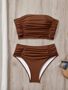 SHEIN Swim Women's Solid Color Bandeau Bikini Set With Double Side Ruched Details, Beach Summer Outfit - Coffee Brown - View 3