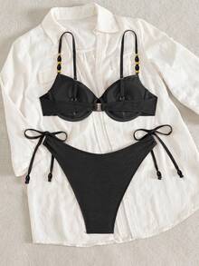 Swim Chiccia Women's Solid Color Steel Bra Spaghetti Strap Pearl Decor Triangle Panty Side Tie 2-Piece Set - Black - View 4