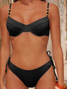 Swim Chiccia Women's Solid Color Steel Bra Spaghetti Strap Pearl Decor Triangle Panty Side Tie 2-Piece Set - Black - View 6