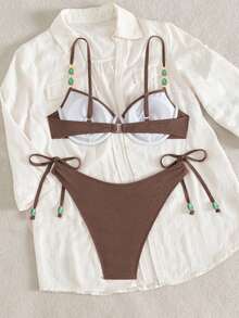 Swim Chiccia Women's Solid Color Steel Bra Spaghetti Strap Pearl Decor Triangle Panty Side Tie 2-Piece Set - Coffee Brown - View 5