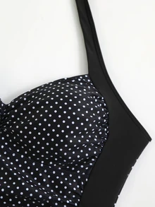 SHEIN Swim Neck-Tie Polka Dot Print & Solid Color Splice One-Piece Swimsuit For Women - Multicolor - View 8