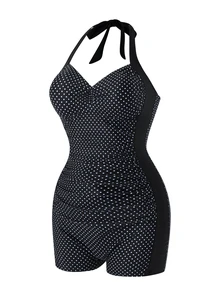 SHEIN Swim Neck-Tie Polka Dot Print & Solid Color Splice One-Piece Swimsuit For Women - Multicolor - View 7