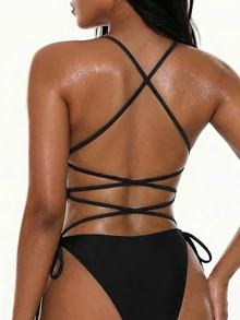Oceva Women's Solid Color Backless Criss-Cross Rivet Decor Sleeveless One-Piece Swimsuit, Fashionable Summer Outfit Holiday Beach Beach Club Rave Holiday Black - Black - View 3
