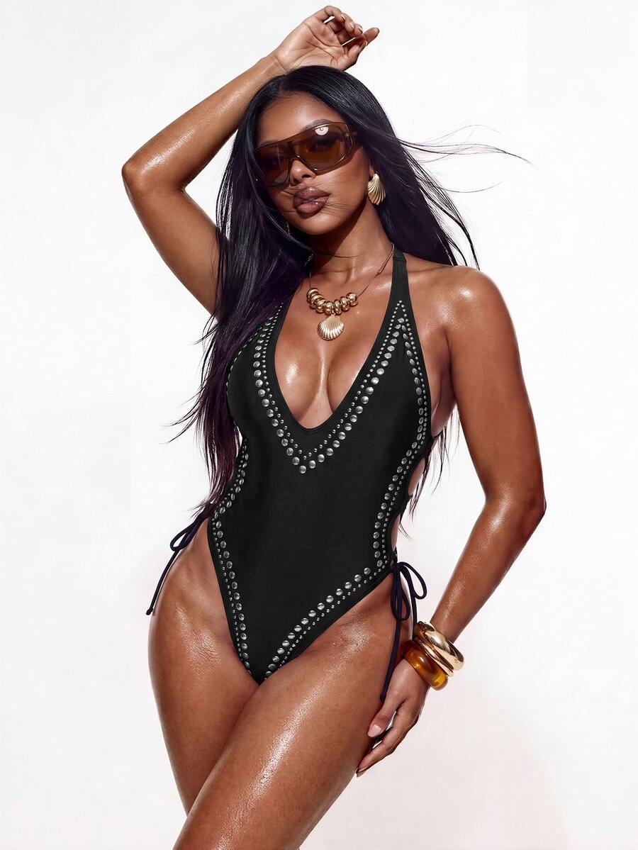 Oceva Women's Solid Color Backless Criss-Cross Rivet Decor Sleeveless One-Piece Swimsuit, Fashionable Summer Outfit Holiday Beach Beach Club Rave Holiday Black - Black - View 1
