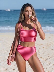 Swim Vcay 女款條紋分體式比基尼上衣與三角比基尼下褲兩件式泳衣套裝 - 彩色 - 查看 1