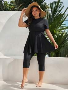 SHEIN Swim Plus Size Solid Color Short Sleeve Burkini Swim Suit Black Two Pieces Set Summer Arabic Clothing - Black - View 8