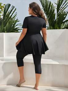 SHEIN Swim Plus Size Solid Color Short Sleeve Burkini Swim Suit Black Two Pieces Set Summer Arabic Clothing - Black - View 4