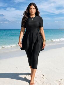 SHEIN Swim Plus Size Solid Color Short Sleeve Burkini Swim Suit Black Two Pieces Set Summer Arabic Clothing - Black - View 2