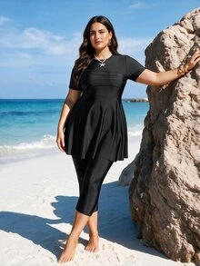 SHEIN Swim Plus Size Solid Color Short Sleeve Burkini Swim Suit Black Two Pieces Set Summer Arabic Clothing - Black - View 1