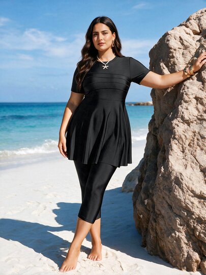 SHEIN Swim Plus Size Solid Color Short Sleeve Burkini Swim Suit Black Two Pieces Set Summer Arabic Clothing