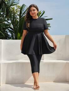 SHEIN Swim Plus Size Solid Color Short Sleeve Burkini Swim Suit Black Two Pieces Set Summer Arabic Clothing - Black - View 3