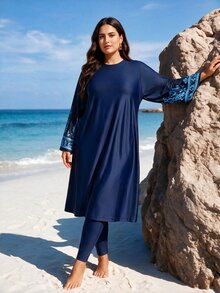 SHEIN Swim مجموعة بوركيني مطبوعة رقمياً للمرأة ذات الحجم الكبير، مناسبة للشاطئ الصيفي والمنتجعات والحمامات - متعدد الألوان - مشاهدة 2