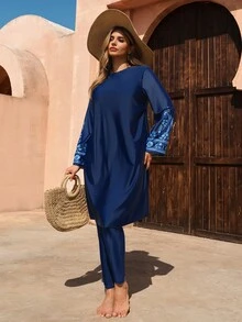 SHEIN Swim مجموعة بوركيني مطبوعة رقمياً للمرأة ذات الحجم الكبير، مناسبة للشاطئ الصيفي والمنتجعات والحمامات - متعدد الألوان - مشاهدة 7