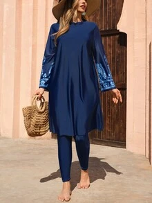 SHEIN Swim مجموعة بوركيني مطبوعة رقمياً للمرأة ذات الحجم الكبير، مناسبة للشاطئ الصيفي والمنتجعات والحمامات - متعدد الألوان - مشاهدة 1