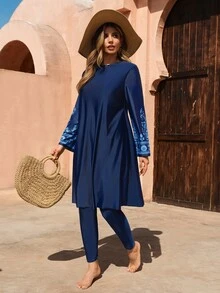 SHEIN Swim مجموعة بوركيني مطبوعة رقمياً للمرأة ذات الحجم الكبير، مناسبة للشاطئ الصيفي والمنتجعات والحمامات - متعدد الألوان - مشاهدة 8