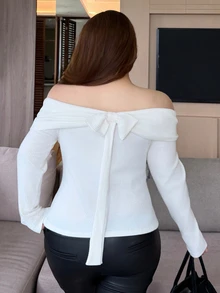 REIGN AVE 韓式優雅 L'amoure 單肩蝴蝶結綁帶鏤空長袖 T-shirt，約會之夜外出穿搭，純白色秋季款 - 米色 - 查看 2
