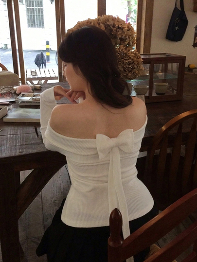 REIGN AVE Korean Style Elegant L'amoure One-Shoulder Bowknot Tie-Up Hollow Long Sleeve T-Shirt Date Night Going Out All White Fall