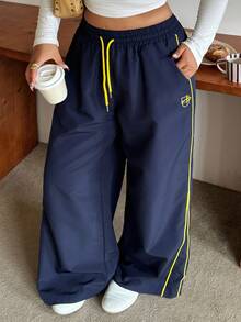 Dazy Plus Plus Size Women Drawstring Waist Casual Streetwear Daily Wear Going Out Vacation Wide Leg Long Pants Fall - Navy Blue - View 4